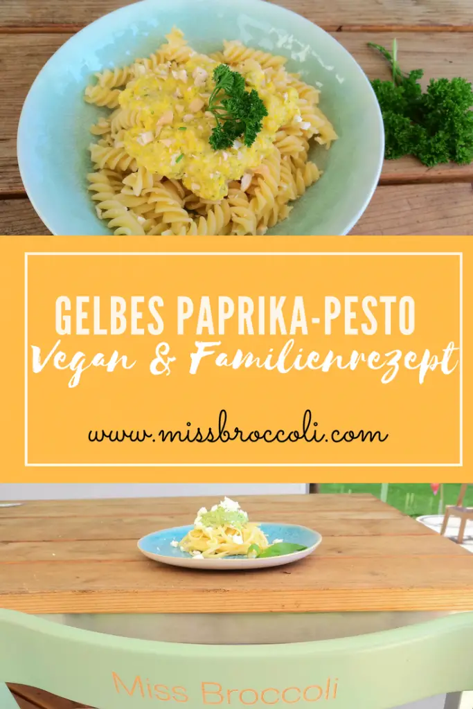 Gelbes veganes Pesto aus Paprika (Peperoni) mit Pasta.